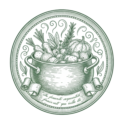 Decorative illustration of a pot with vegetables on a white background