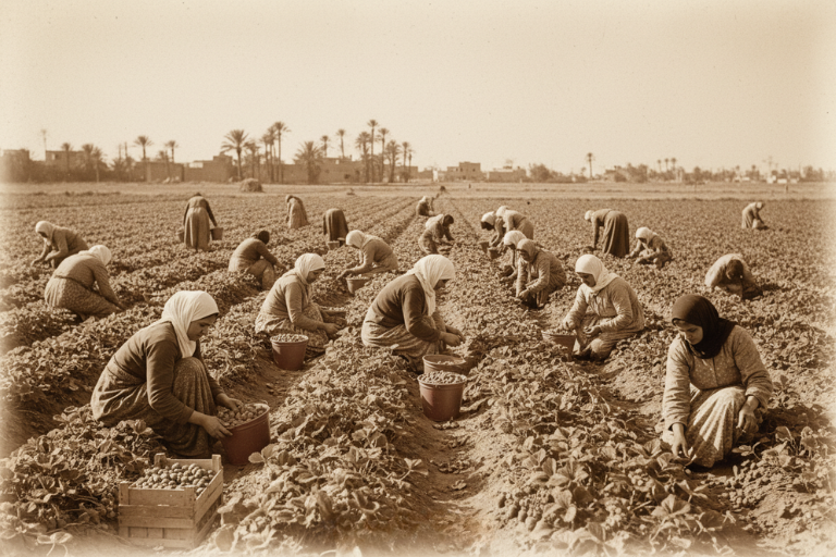 Historic sepia-toned photograph of people working in a field.